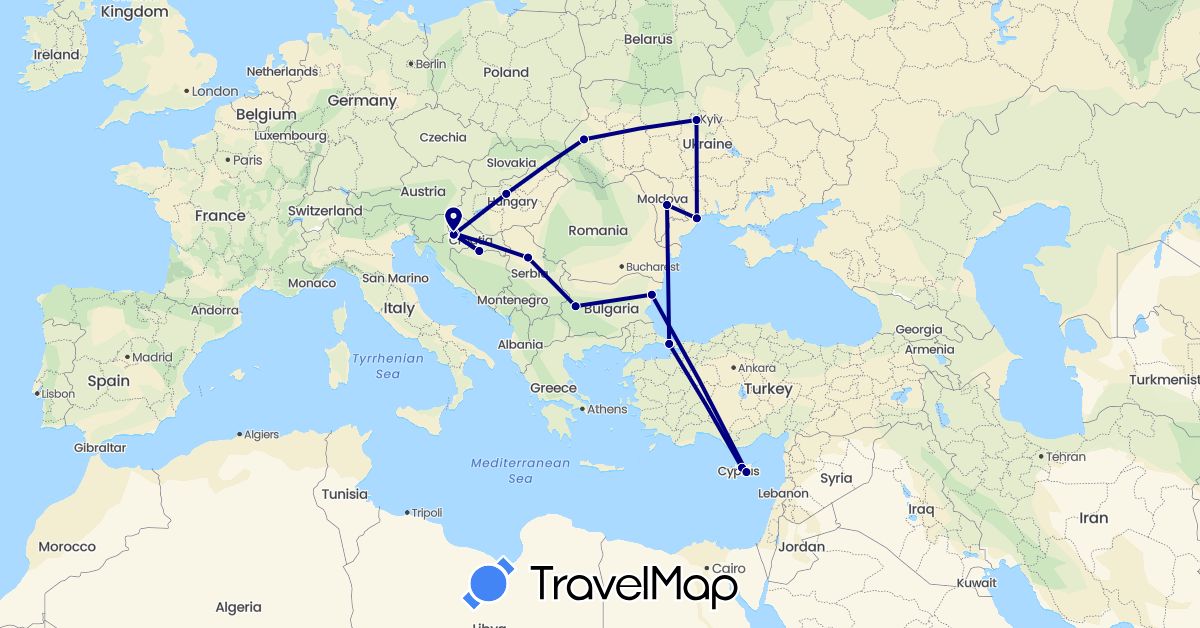 TravelMap itinerary: driving in Bosnia and Herzegovina, Bulgaria, Cyprus, Croatia, Hungary, Moldova, Serbia, Turkey, Ukraine (Asia, Europe)